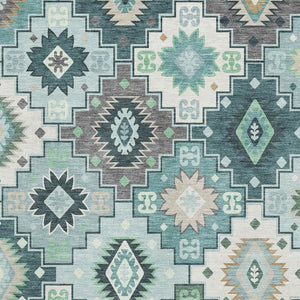 HomeRoots 10' X 14' Teal and Ivory Geometric Area Rug - Washable, UV-Protected, Pet-Friendly for Busy Homes 718671