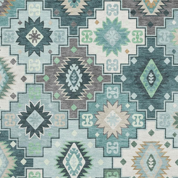 HomeRoots 10' X 14' Teal and Ivory Geometric Area Rug - Washable, UV-Protected, Pet-Friendly for Busy Homes 718671