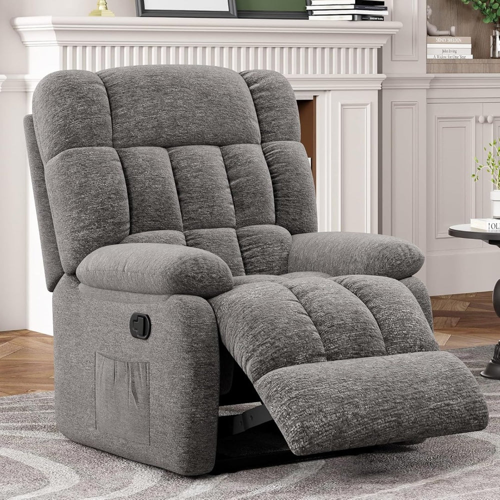 HomeRoots 39" Blue Chenille Manual Recliner - Plush Comfort, Stylish Design & Built-In Storage for Relaxation 718693