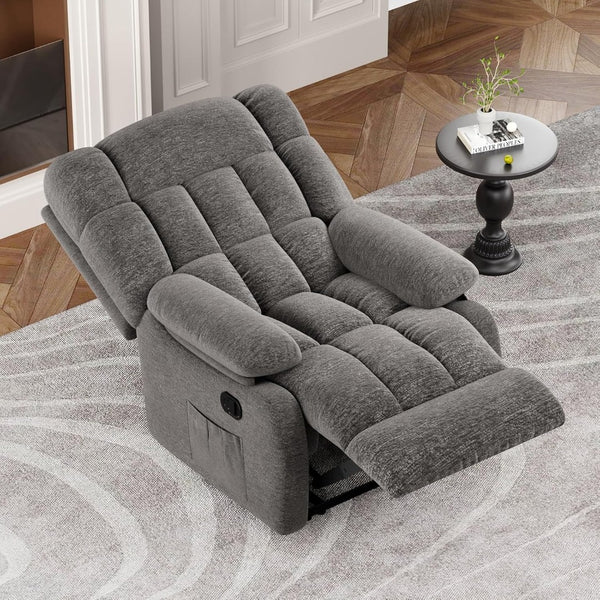 HomeRoots 39" Blue Chenille Manual Recliner - Plush Comfort, Stylish Design & Built-In Storage for Relaxation 718693