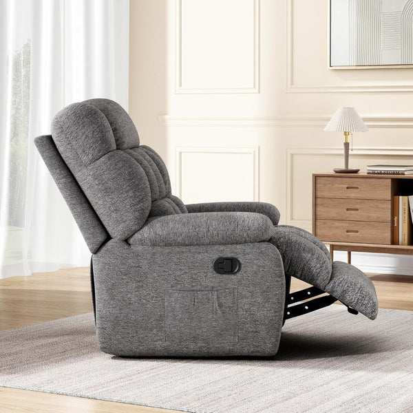 HomeRoots 39" Blue Chenille Manual Recliner - Plush Comfort, Stylish Design & Built-In Storage for Relaxation 718693