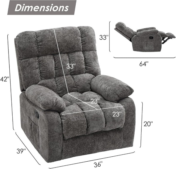 HomeRoots 39" Blue Chenille Manual Recliner - Plush Comfort, Stylish Design & Built-In Storage for Relaxation 718693