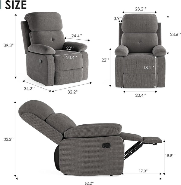 HomeRoots 34" Cozy Gray Polyester Blend Manual Recliner with Storage, Perfect for Living Rooms & Relaxation 718699