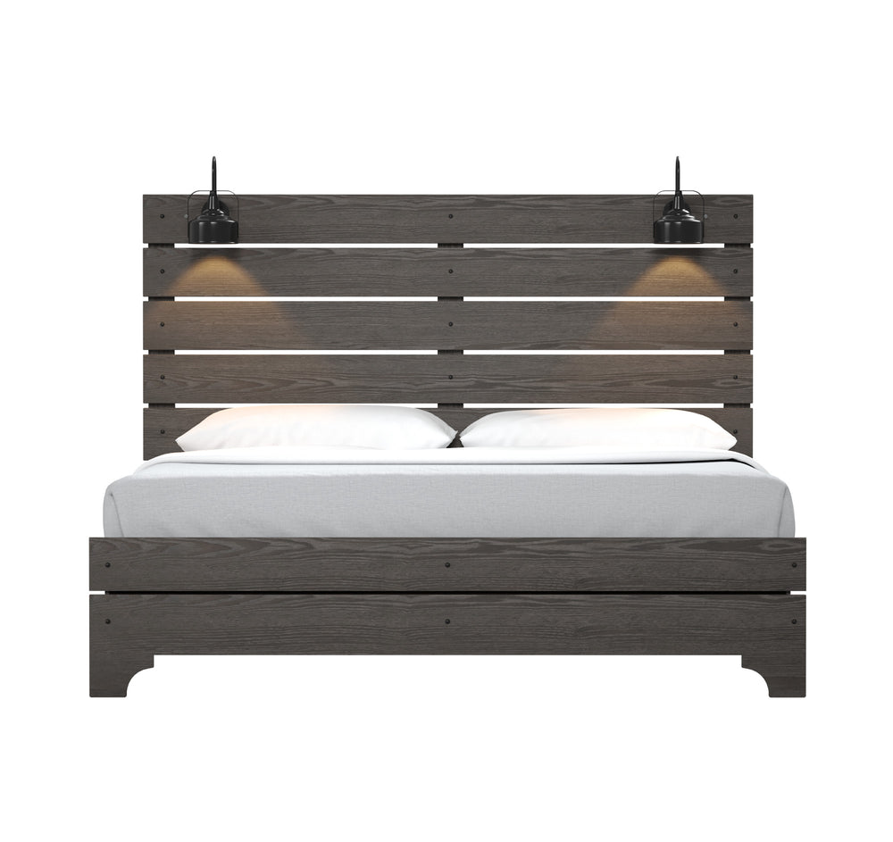 English Elm Wallace & Bay - Brown King Bed With Lights – Modern Farmhouse Stone Brown Wood Frame, Built-In LED Lighting & Easy Care B361S00011