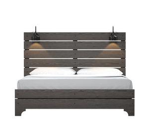 English Elm Wallace & Bay - Brown King Bed With Lights – Modern Farmhouse Stone Brown Wood Frame, Built-In LED Lighting & Easy Care B361S00011