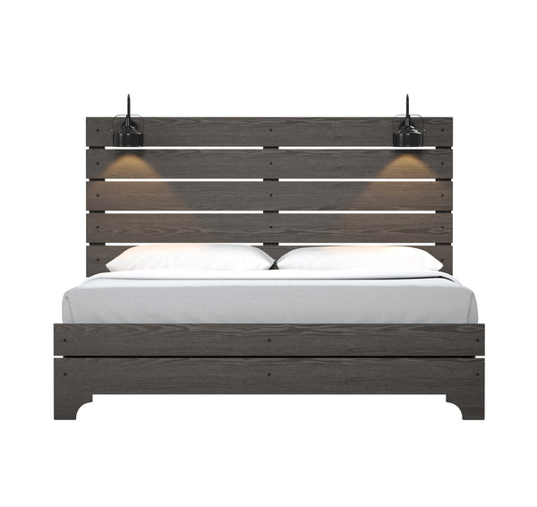 English Elm Wallace & Bay - Brown King Bed With Lights – Modern Farmhouse Stone Brown Wood Frame, Built-In LED Lighting & Easy Care B361S00011