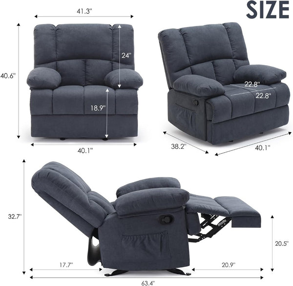 HomeRoots 39" Gray Manual Recliner - Plush Polyester Blend Chair with Easy-Use Handle & Storage Pocket 718706