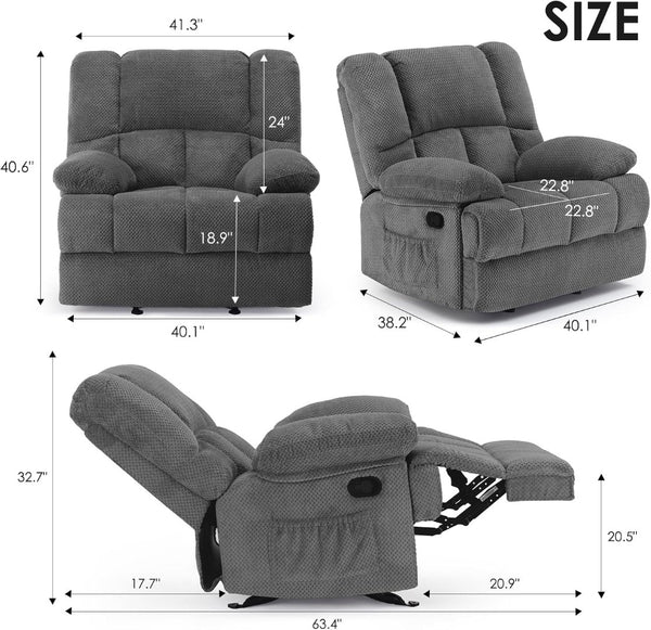HomeRoots 39" Gray Polyester Blend Manual Recliner - Cozy Compact Comfort with Storage & Multiple Reclining Positions 718707