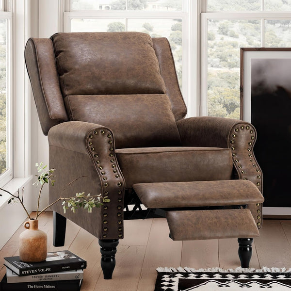 HomeRoots 36" Brown Faux Leather Manual Recliner - Stylish Comfort with Storage Pocket for Your Relaxation Needs 718721