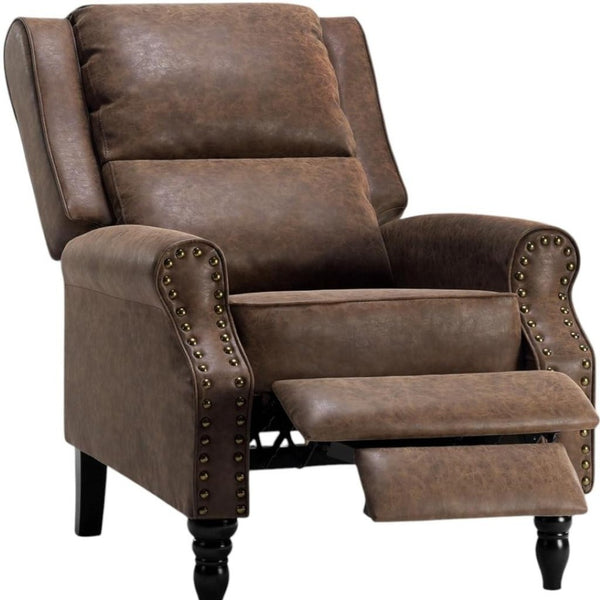 HomeRoots 36" Brown Faux Leather Manual Recliner - Stylish Comfort with Storage Pocket for Your Relaxation Needs 718721
