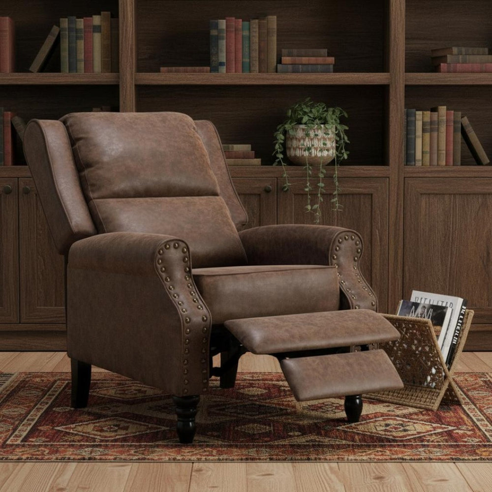 HomeRoots 36" Brown Faux Leather Manual Recliner - Stylish Comfort with Storage Pocket for Your Relaxation Needs 718721