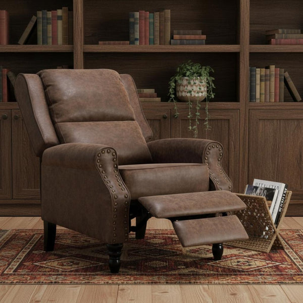 HomeRoots 36" Brown Faux Leather Manual Recliner - Stylish Comfort with Storage Pocket for Your Relaxation Needs 718721
