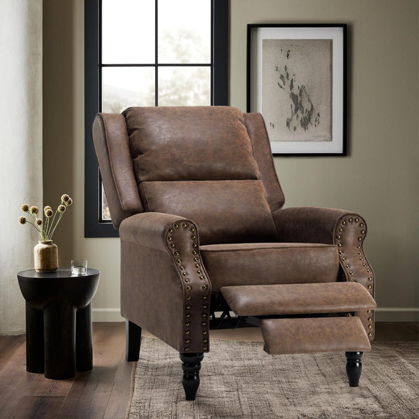 HomeRoots 36" Brown Faux Leather Manual Recliner - Stylish Comfort, Compact Design & Easy-Care Upholstery! 718722