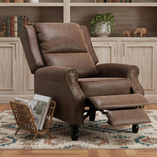 HomeRoots 36" Brown Faux Leather Manual Recliner - Stylish Comfort, Compact Design & Easy-Care Upholstery! 718722