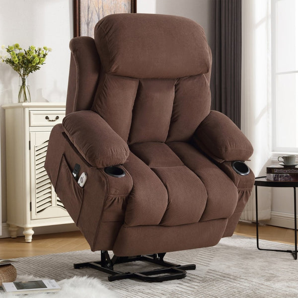 HomeRoots 39" Brown Faux Leather Heated Massage Lift Assist Recliner with USB & Remote for Ultimate Comfort 718740