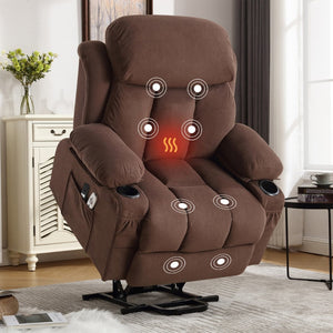 HomeRoots 39" Brown Faux Leather Heated Massage Lift Assist Recliner with USB & Remote for Ultimate Comfort 718740