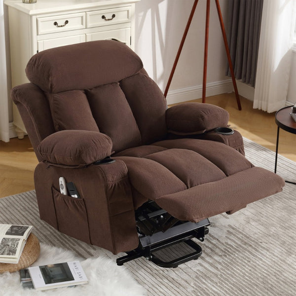 HomeRoots 39" Brown Faux Leather Heated Massage Lift Assist Recliner with USB & Remote for Ultimate Comfort 718740
