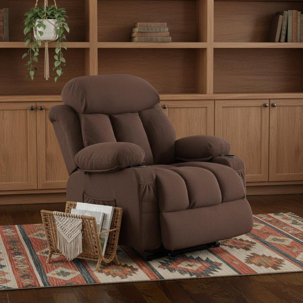 HomeRoots 39" Brown Faux Leather Heated Massage Lift Assist Recliner with USB & Remote for Ultimate Comfort 718740