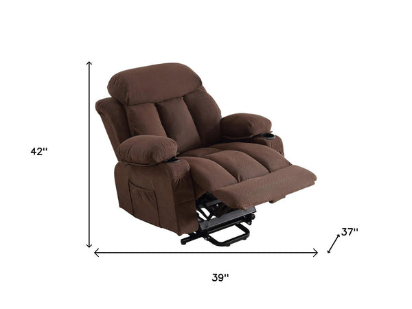 HomeRoots 39" Brown Faux Leather Heated Massage Lift Assist Recliner with USB & Remote for Ultimate Comfort 718740