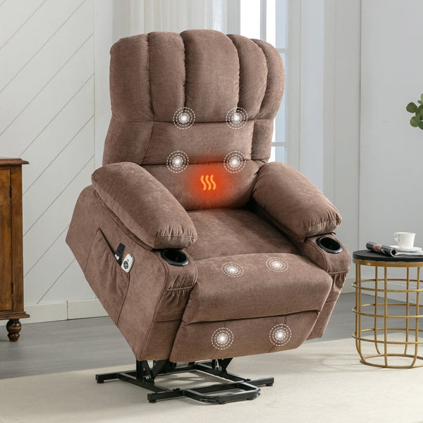 HomeRoots 39" Blue Faux Leather Power Recliner with Lift Assist, Heat, Massage & USB for Ultimate Comfort 718741