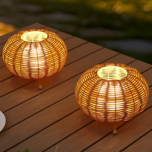 Set of Two Brown Lantern Style Usb Powered Table Lamps with Spherical Glass Shades