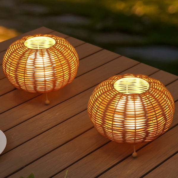 Set of Two Brown Lantern Style Usb Powered Table Lamps with Spherical Glass Shades