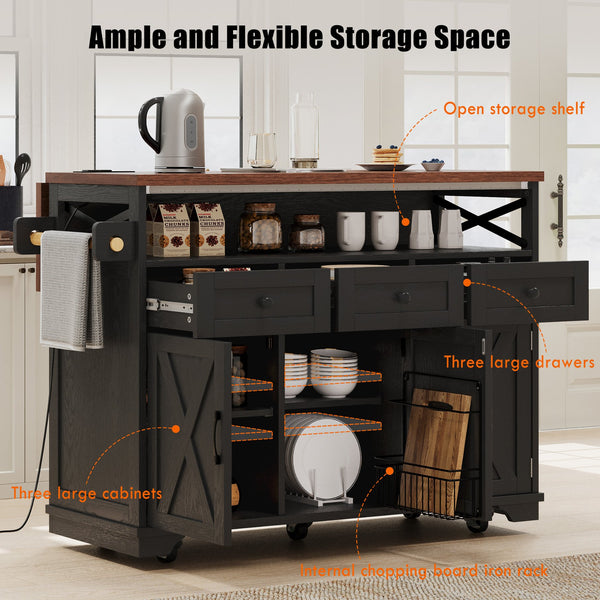 English Elm K&K 46.5'' Farmhouse Kitchen Island Cart with Beaded Drapes, Drop Leaf, Power Hub, Ample Storage Black N707P254872B