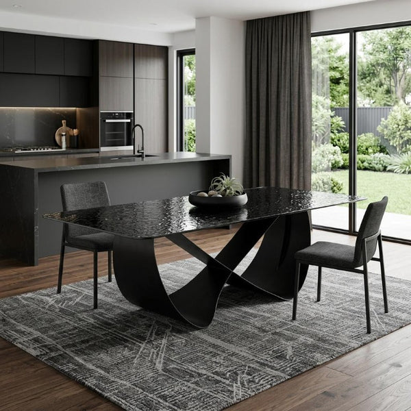 94 Inch Black Glass Top Brass Geometric Pedestal Dining Table for Elegant Interiors