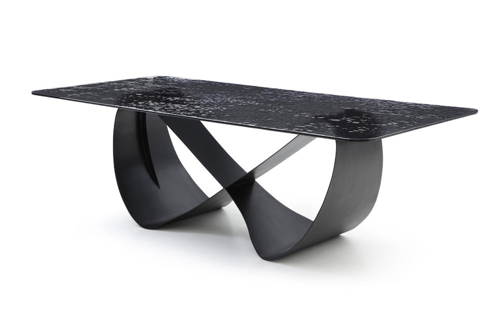 HomeRoots 94 Inch Black Glass Top Brass Geometric Pedestal Dining Table for Elegant Interiors 718892
