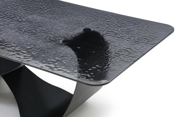 94 Inch Black Glass Top Brass Geometric Pedestal Dining Table for Elegant Interiors