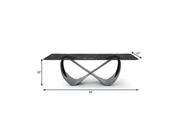 94 Inch Black Glass Top Brass Geometric Pedestal Dining Table for Elegant Interiors