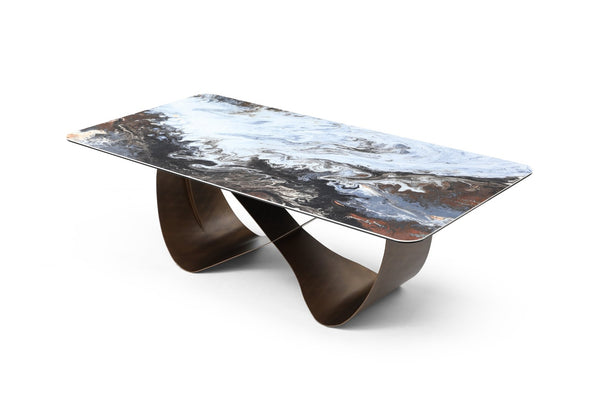 HomeRoots 94" Oval Dining Table with Elegant White Gray Ceramic Top & Sturdy Bronze Metal Base for 8 People 718895