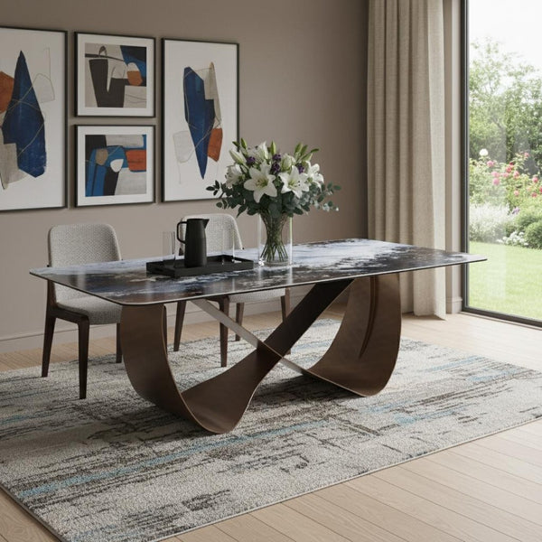 HomeRoots 94" Oval Dining Table with Elegant White Gray Ceramic Top & Sturdy Bronze Metal Base for 8 People 718895