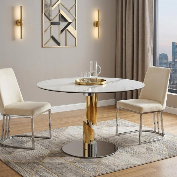 47 Inch Round Dining Table with Ceramic Glass Top Stainless Pedestal Base in White