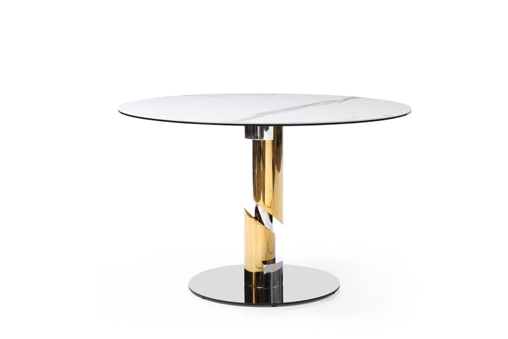 HomeRoots 47 Inch Round Dining Table with Ceramic Glass Top Stainless Pedestal Base in White 718896