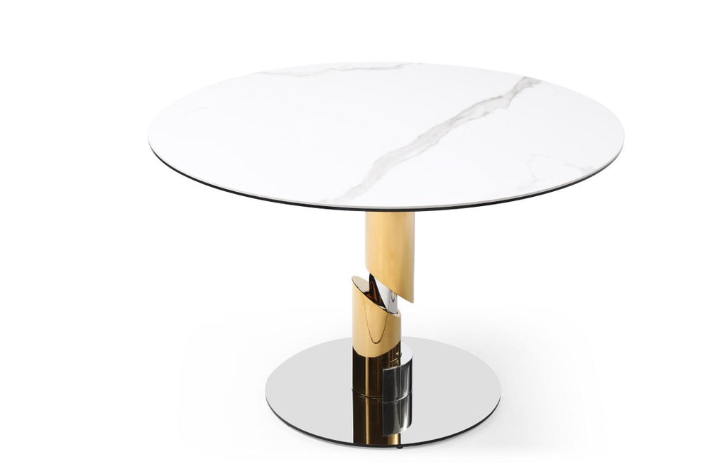 HomeRoots 47 Inch Round Dining Table with Ceramic Glass Top Stainless Pedestal Base in White 718896