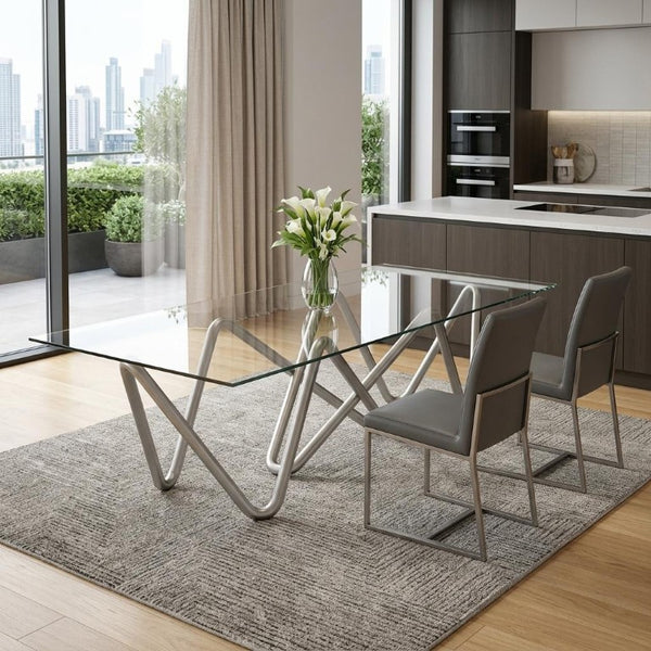142 Inch Glass Top Stainless Steel Abstract Base Executive Dining Table for Large Gatherings