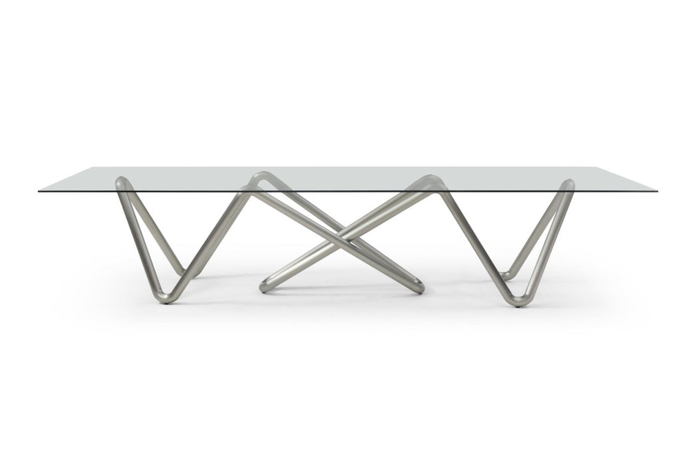 HomeRoots 142 Inch Glass Top Stainless Steel Abstract Base Executive Dining Table for Large Gatherings 718899