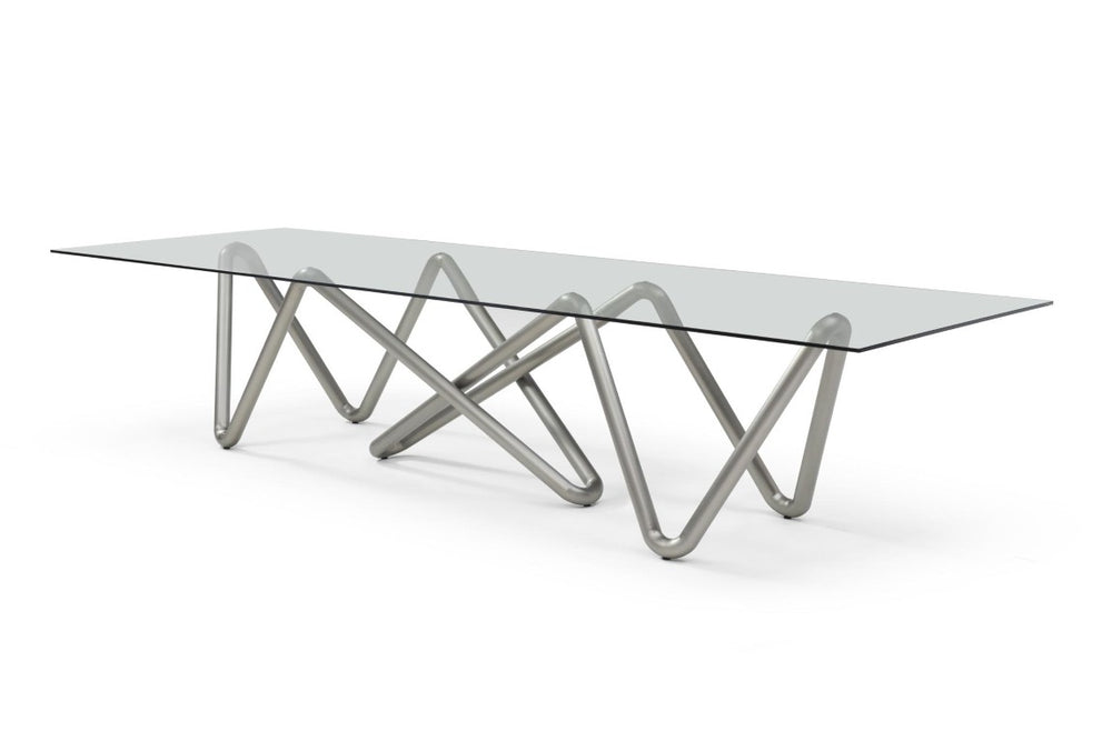 HomeRoots 142 Inch Glass Top Stainless Steel Abstract Base Executive Dining Table for Large Gatherings 718899