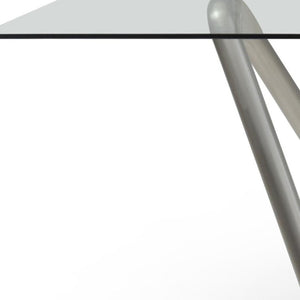 142 Inch Glass Top Stainless Steel Abstract Base Executive Dining Table for Large Gatherings