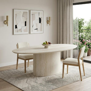 95 Inch Oval Beige Marble Top Dining Table with Sculptural Pedestal Base Seats Ten