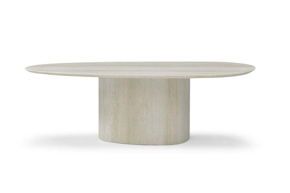 HomeRoots 95 Inch Oval Beige Marble Top Dining Table with Sculptural Pedestal Base Seats Ten 718900