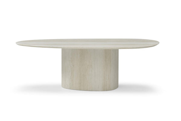 HomeRoots 95 Inch Oval Beige Marble Top Dining Table with Sculptural Pedestal Base Seats Ten 718900