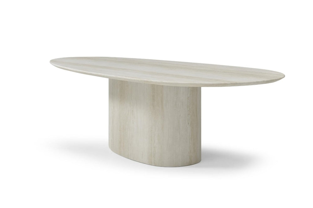 HomeRoots 95 Inch Oval Beige Marble Top Dining Table with Sculptural Pedestal Base Seats Ten 718900