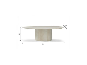 95 Inch Oval Beige Marble Top Dining Table with Sculptural Pedestal Base Seats Ten