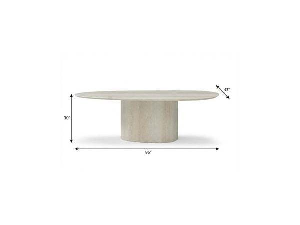 95 Inch Oval Beige Marble Top Dining Table with Sculptural Pedestal Base Seats Ten