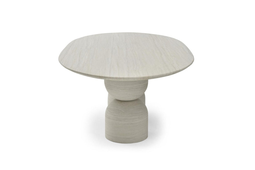 94 Inch Oval Marble Top Dining Table with Elegant Double Pedestal Base Seats Eight