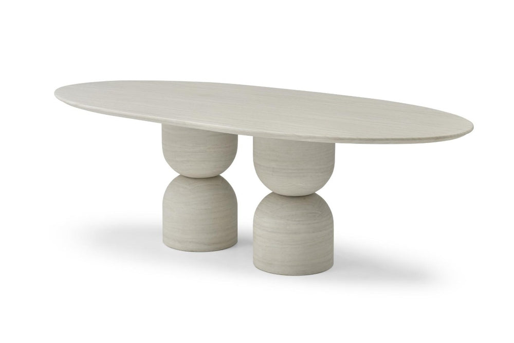 94 Inch Oval Marble Top Dining Table with Elegant Double Pedestal Base Seats Eight