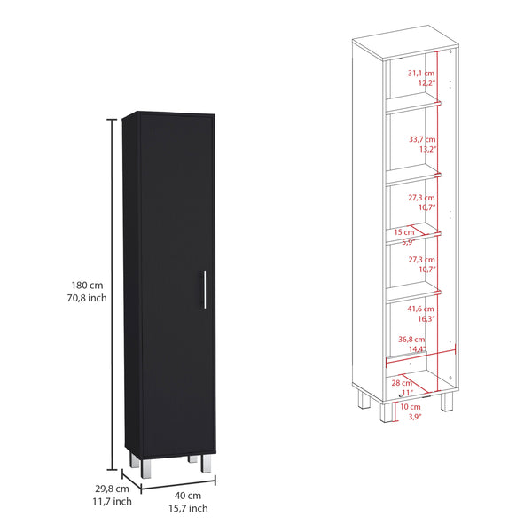 English Elm Laska 70" Tall Storage Cabinet Broom Closet in Black with Broom Hanger and Five Adjustable Shelves B070P210745