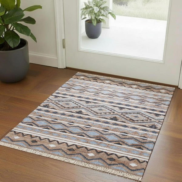 HomeRoots 4' X 6' Blue and Beige Hand-Woven Jute Area Rug - Eco-Friendly Coastal Charm for Every Room 718973